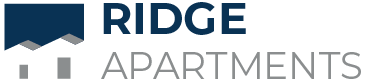 Ridge Apartments logo in blue and gray